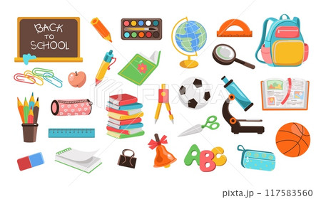 Back to school elements. Students supplies. Stationery and books. Class blackboard. Kids satchel with rulers and notepads. Children education. Microscope and ball. Splendid vector set 117583560