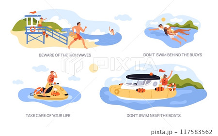 Beach lifeguards scenes. Saving drowning people. Special machinery and equipment. Rescue boats. Lifesavers helping to swimmers. Water observation towers. Swimming safety. Garish vector set 117583562