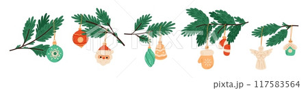 Cartoon Christmas branches with toys. New Year decorations on coniferous sprigs. Fir plant twigs. Holiday accessories. Xmas garlands. Spruce stalks with glass balls. Garish vector set Cartoon Christmas branches with toys. New Year decorations on coniferous sprigs. Fir plant twigs. Holiday accessories. Xmas garlands. Spruce stalks with glass balls. Garish vector set 117583564