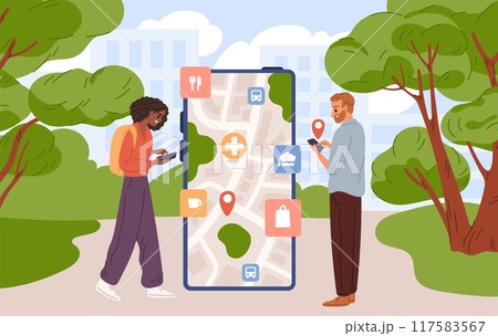 Cartoon people use smartphone functions. Mobile navigator application. Couple walk in park. City streets map. Guy and girl looking roadmap in phone app. GPS navigation. Garish vector set 117583567