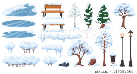 Cartoon winter nature elements. Snowy trees and bushes. Water lake ice. Lanterns and benches with snowdrifts. City parks. Snow with icicles. Frozen pond and puddles. Recent vector set 117583569