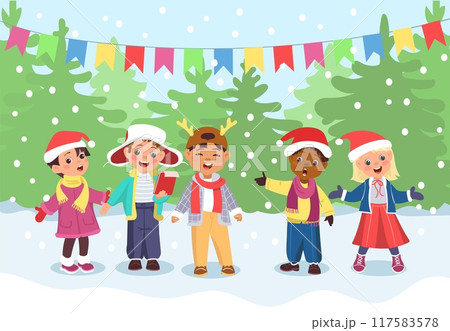 Kids Christmas choir. Boys and girls singing holiday songs. Young vocalists in New Year costumes. Musicians at stage. Celebrating melody. Music performance. Splendid vector concept Kids Christmas choir. Boys and girls singing holiday songs. Young vocalists in New Year costumes. Musicians at stage. Celebrating melody. Music performance. Splendid vector concept 117583578