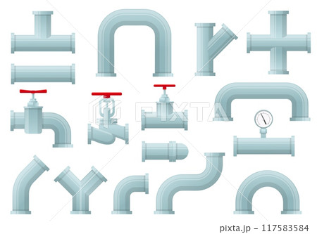 Plumbing pipes. Water supply elements. Industrial drainage system. Taps and valves. Pressure technologies. Sewerage construction. Piping faucets and joints. Curved tubes parts vector set Plumbing pipes. Water supply elements. Industrial drainage system. Taps and valves. Pressure technologies. Sewerage construction. Piping faucets and joints. Curved tubes parts vector set 117583584