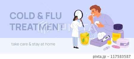 Seasonal flu poster. Doctor examines patient through magnifying glass. Man sneezes and coughs. Catarrhal disease. Medical remedy and pills. Illness symptoms. Garish vector background Seasonal flu poster. Doctor examines patient through magnifying glass. Man sneezes and coughs. Catarrhal disease. Medical remedy and pills. Illness symptoms. Garish vector background 117583587