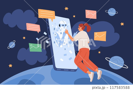 Smartphone using. Girl communicates with artificial intelligence via mobile phone. Robot assistant. Global connection. Virtual AI assistance. Messenger application. Garish vector concept 117583588