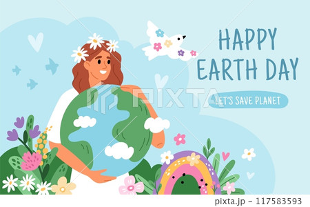 World Earth Day poster. Beautiful woman holds globe. Cute girl hugs planet. Blooming nature. Ecology protection. Environment conservation. Eco friendly. Garish vector banner template 117583593