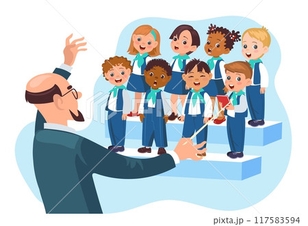 Young singers. Conductor runs boys and girls choir. Kids group performance. Musicians in same clothes. Vocalists sing song. Choristers concert. Musical teacher. Splendid vector concept Young singers. Conductor runs boys and girls choir. Kids group performance. Musicians in same clothes. Vocalists sing song. Choristers concert. Musical teacher. Splendid vector concept 117583594