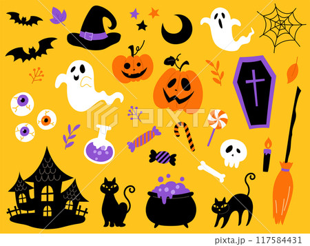 手描きのハロウィンセット黄色背景_ベクターイラスト 手描きのハロウィンセット黄色背景_ベクターイラスト 117584431