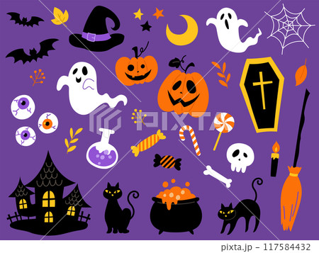 手描きのハロウィンセット紫背景_ベクターイラスト 117584432