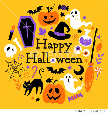 円形のハロウィンベクターイラスト素材_黄色背景 117584434