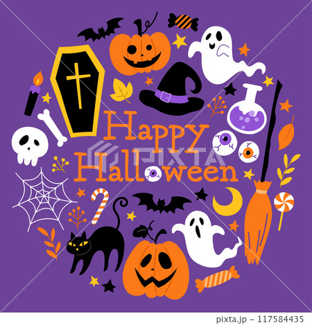 円形のハロウィンベクターイラスト素材_紫背景 117584435