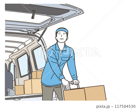 車の前で段ボール箱を台車で運ぶ作業服姿の男性 117584530