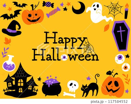 手描きのハロウィン囲みフレーム黄色背景_文字あり_ベクターイラスト 117584552