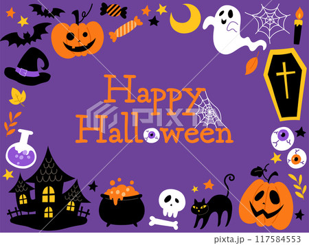 手描きのハロウィン囲みフレーム紫背景_文字あり_ベクターイラスト 117584553