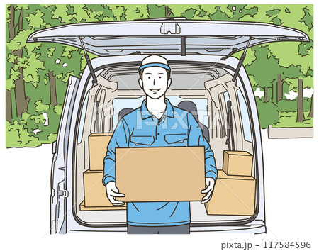 車の前で段ボール箱を持つ作業服姿の男性 117584596