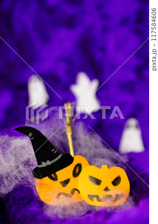 Funny pumpkins dressed as witches on an purple Halloween background. 117584606