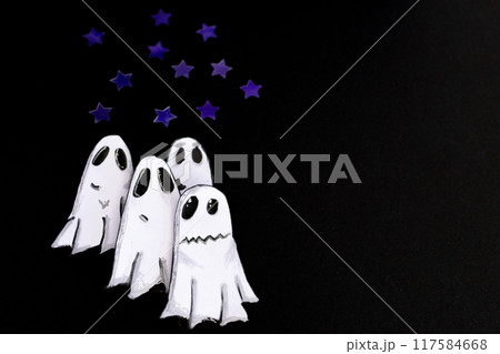Horizontal shot of little ghosts with starry night. .Copy space. Horizontal shot of little ghosts with starry night. .Copy space. 117584668