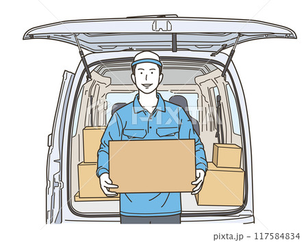 車の前で段ボール箱を持つ作業服姿の男性 117584834