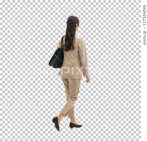行走的女商人的後視圖 - 全身照片 PNG，透明背景，手工精確剪裁 117584846