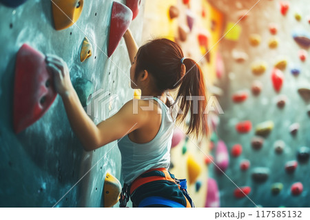ボルダリングをする女性の背中 117585132