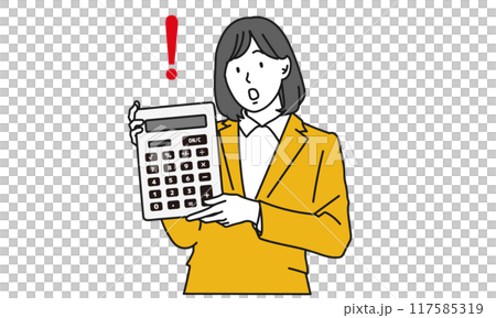 Surprised businesswoman holding a calculator 117585319