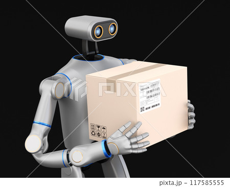黒バックに荷物を運ぶヒューマノイドAIロボットのイメージ。人手不足解消のコンセプト 117585555