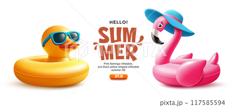 Pink flamingo inflatable, and Duck yellow shaped inflatable, summer 3D realistic Pink flamingo inflatable, and Duck yellow shaped inflatable, summer 3D realistic 117585594