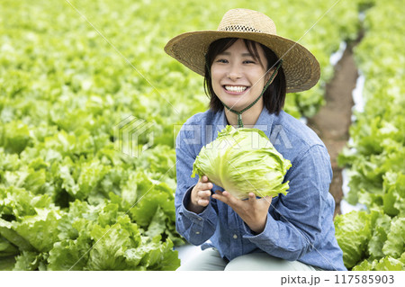 収穫した野菜を持つ女性 117585903