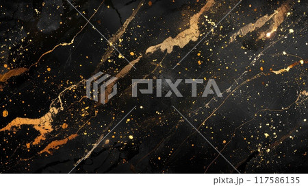 Black abstract marble background with splashes and gold lines 117586135