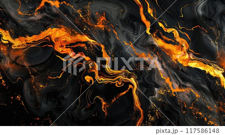 Black abstract marble background with splashes and orange lines Black abstract marble background with splashes and orange lines 117586148