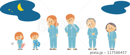 パジャマを着た三世帯家族のかわいいイラスト 悩む 117586457