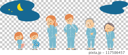 パジャマを着た三世帯家族のかわいいイラスト 悩む 117586457
