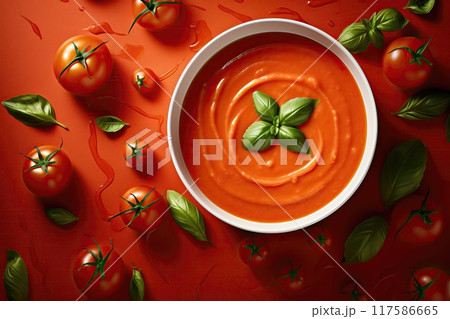 Fresh appetizing tomato soup in a plate on a background of fresh vegetables, top view 117586665