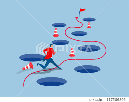 Avoid pitfall Planning and obstacle avoidance concept, business failure, skill and creativity to solve problem with many pitfalls to achieve business success vector 117586803