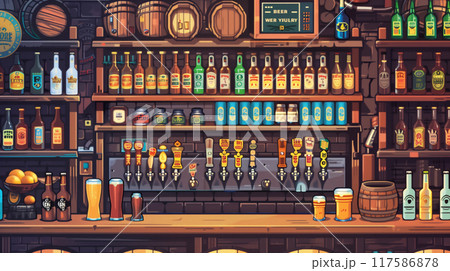 Oktoberfest background. Front view of a counter bar in old-school graphic art style. AI generated. 117586878