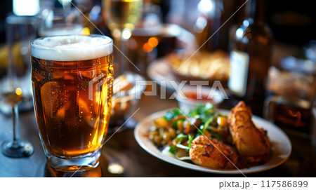 Oktoberfest background. Close up of a wooden table full of traditional foods and beers in a restaurant. AI generated. Oktoberfest background. Close up of a wooden table full of traditional foods and beers in a restaurant. AI generated. 117586899