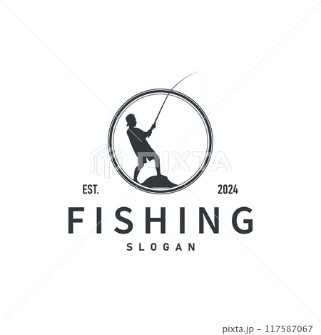 Fishing logo design silhouette of river angler with hook illustration template 117587067