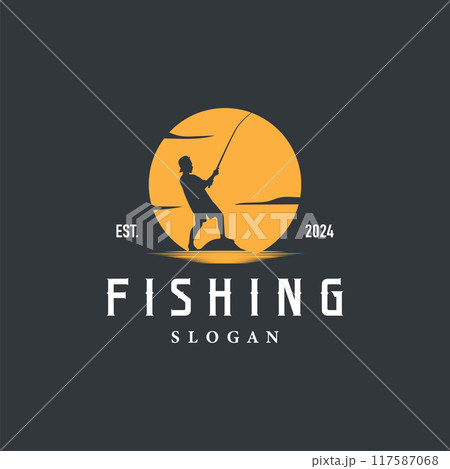 Fishing logo design silhouette of river angler with hook illustration template 117587068