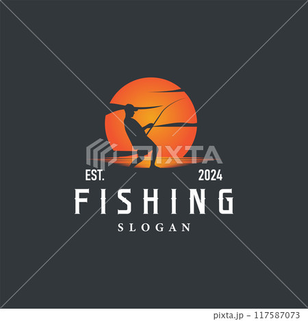 Fishing logo design silhouette of river angler with hook illustration template 117587073