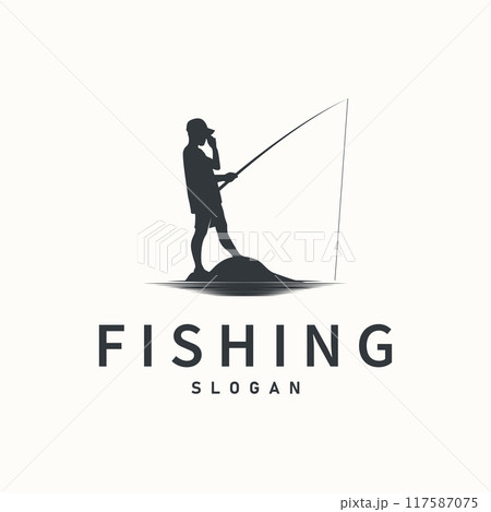 Fishing logo design silhouette of river angler with hook illustration template 117587075