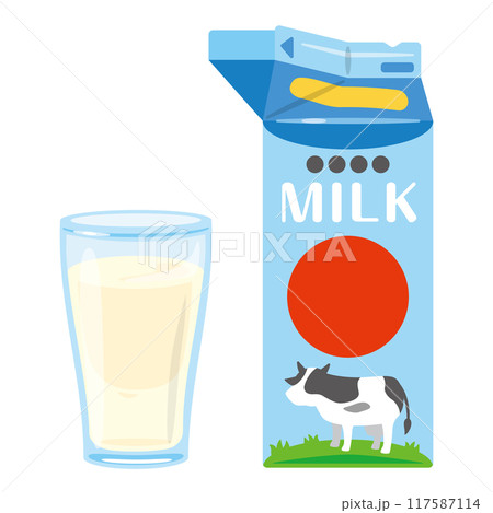 紙パック入りの牛乳と牛乳入りのグラス 117587114