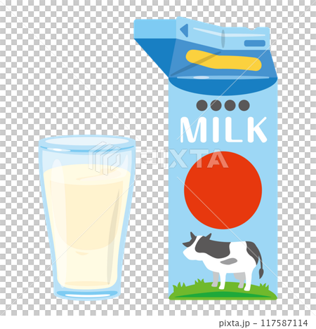 紙パック入りの牛乳と牛乳入りのグラス 117587114