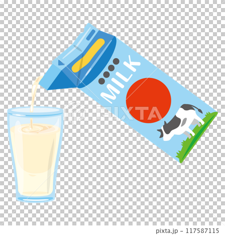 牛乳パックから牛乳をグラスに注ぐイラスト 117587115