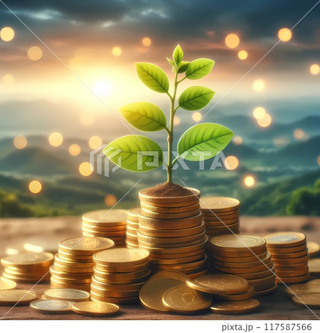 Green tree shoots on pile of coins with bokeh background, business and finance concept  117587566