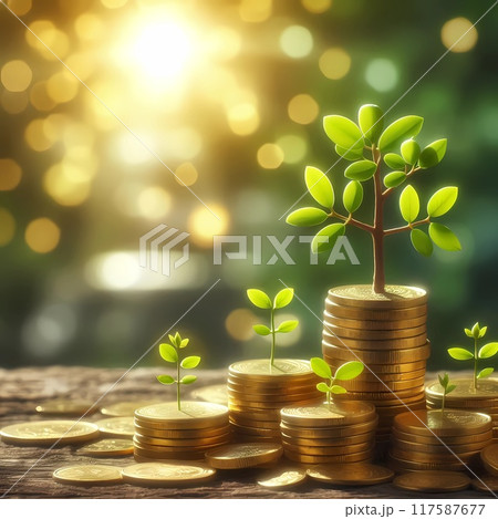 Gold piggy bank and stack of coins, bokeh background, business and finance concept  117587677