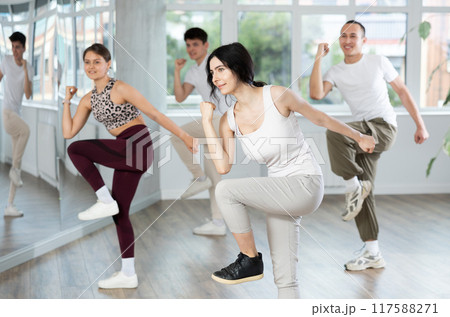 Positive woman and man engaged in dancing in group practices energetic swing in dance studio Positive woman and man engaged in dancing in group practices energetic swing in dance studio 117588271