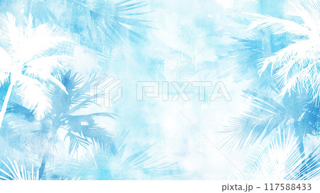 水色と白のヤシの木のシルエットの水彩イラスト背景 117588433