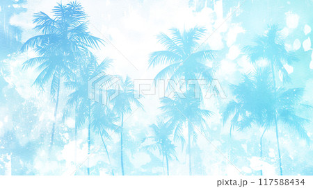 白背景に水色のヤシの木のシルエットの水彩イラスト背景 117588434