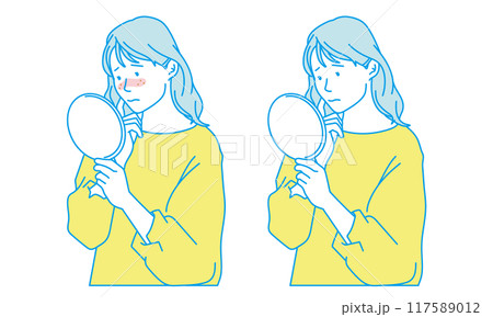 鏡を見ながら肌荒れを気にする女性のシンプルイラスト 117589012
