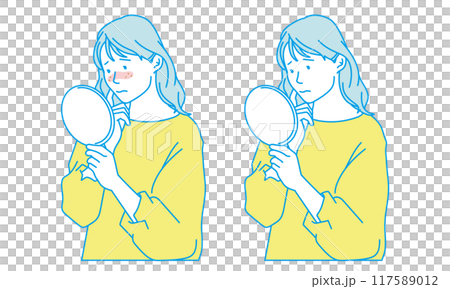 鏡を見ながら肌荒れを気にする女性のシンプルイラスト 117589012